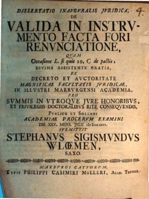 Diss. inaug. iur. de valida in instrumento facta fori renunciatione