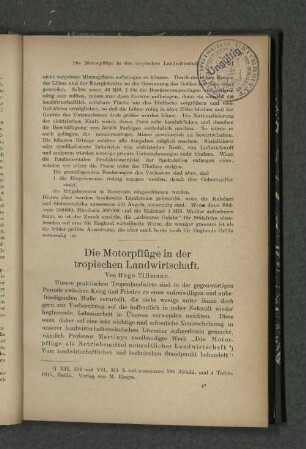 Die Motorpflüge in der tropischen Landwirtschaft.