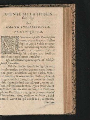Contemplationes subtiles De Habitu Intelligentiae. Praeloquium.