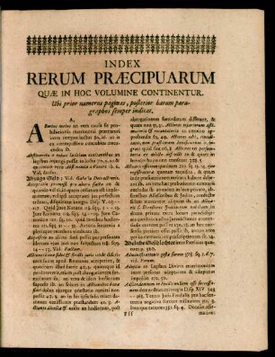 Index Rerum Praecipuarum Quae In Hoc Volumine Continentur
