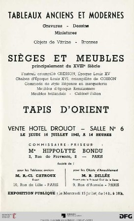 Tableaux anciens et modernes : gravures, dessins, miniatures; sièges et meubles principalement du XVIIIe siècle; tapis d'orient