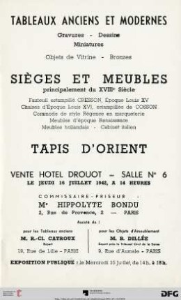 Tableaux anciens et modernes : gravures, dessins, miniatures; sièges et meubles principalement du XVIIIe siècle; tapis d'orient