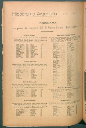 Hipódromo Argentino - Programa para la reunión del martes 1. de noviembre