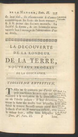 Troisieme entretien. La decouverte de la rondeur de la terre, [...]