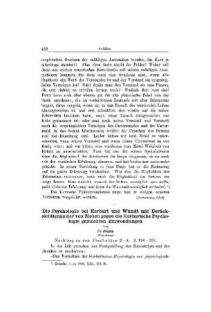 Die Psychologie bei Herbart und Wundt mit Berücksichtigung der von Ziehen gegen die Herbartsche Psychologie gemachten Einwendungen : (Fortsetzung)