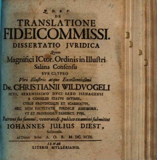 De Translatione Fideicommissi Dissertatio Jvridica