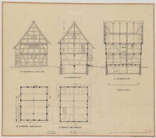 Scharmede (Kreis Büren): Hof Schulte Alpmann. Speicher (Grundrisse, Nordostansicht, Schnitte)
