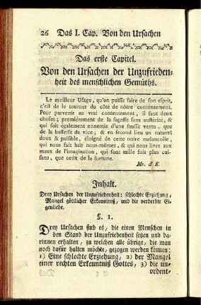 Das erste Capitel. Von den Ursachen der Unzufriedenheit des menschlichen Gemüths.