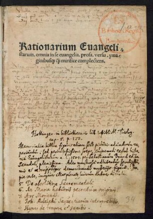 Rationarium Euangeli=||starum. omnia in se euangelia. prosa. versu. yma/||ginibus#[que] #[quam] mirifice complectens.|| [Hrsg. v. (Georgius Relmisius Anipimius ... ||)]