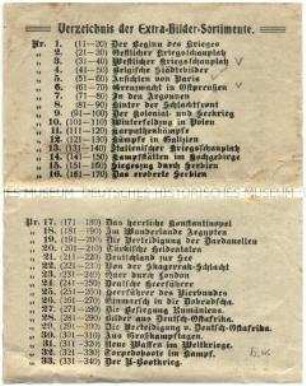 Verzeichnis der Bilderserien Kriegs-Diorama 1914/1915, aus dem Glasdia-Betrachter für Glasdias