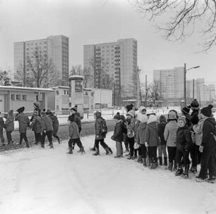 Dresden. Kindergruppe beim Überschreiten der Stübelallee. Blick zu den Wohnhochhäusern (1968/1970), Grunaer Straße