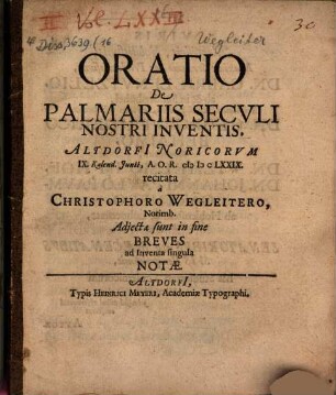 Oratio De Palmariis Seculi Nostri Inventis : Adjectae sunt in fine Breves ad Inventa singula Notae