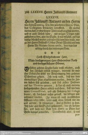 LXXXVII. Herrn Jablonski Antwort an den Herrn von Leibnitz vom 24. Dec. den geänderten Unions-Plan, ...