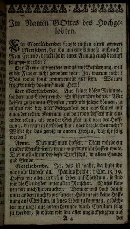Christliches Gespräch zwischen einen Armen und Gottliebenden.