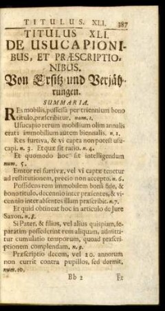 Titulus XLI. De Usucapionibus, Et Praescriptionibus. Von Ersitz und Verjährungen