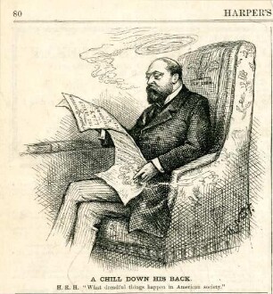 A chill down his back. H.R.H. "What dreadfull things happen in American society." : ein Mann, der in einem Sessel sitzt, liest eine Zeitung