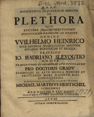 Dissertatio Inavgvralis Medica De Plethora