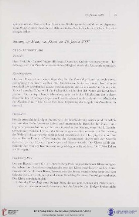 Sitzung der Math.-nat. Klasse am 26. Januar 2007
