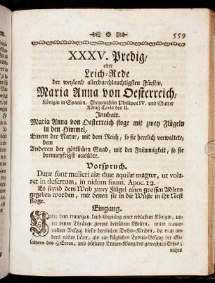 XXXV. Predig/ oder Leich-Rede der weyland allerdurchlauchtigsten Fürstin Maria Anna von Oesterreich,[...]