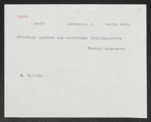 Brief von Gerhart Hauptmann an Sigmund Graff