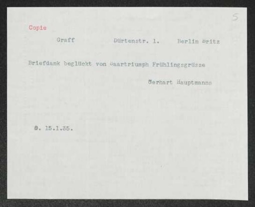 Brief von Gerhart Hauptmann an Sigmund Graff