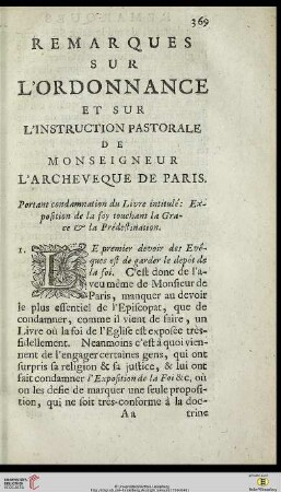 Remarques sur l’ordonnance et sur l’instruction pastorale de Monseigneur l’Archeveque de Paris