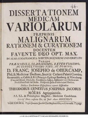 Dissertationem Medicam Variolarum Præprimis Malignarum Rationem & Curationem Docentem