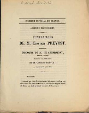 Funérailles de M. Constant Prévost : discours de M. de Senarmont ... le mercredi 20 aoûti 1856