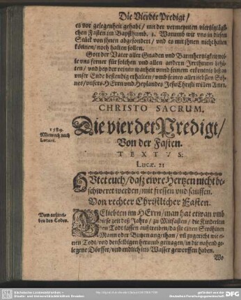 Christo Sacrum. Die vierdet Predigt, Von der Fasten. Textus: Lucae. 21