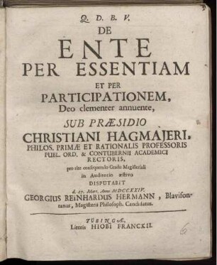 De Ente Per Essentiam Et Per Participationem, Deo clementer annuente