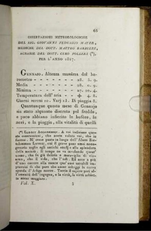 Osservazioni Meteorologiche Del Sig. Giovanni Federico Mayer, Mediche Del Dott. Matteo Barbieri, Agrarie Del Dott. Ciro Pollini, Per L' Anno 1817.