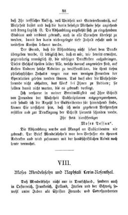 VIII. Moses Mendelssohn und Naphtali Levin-Rosenthal.