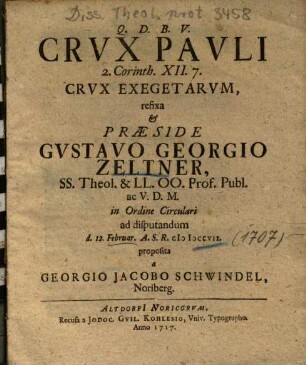 Crvx Pavli 2. Corinth. XII. 7. Crvx Exegetarvm, refixa