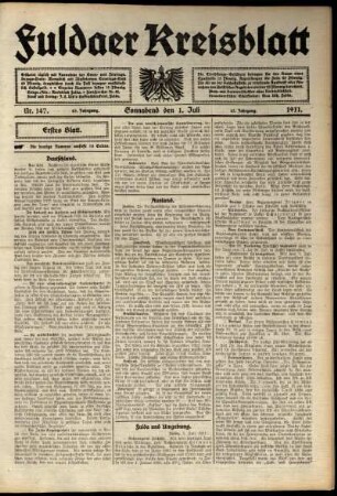 Erste Ausgabe vom Samstag, den 01. Juli 1911.