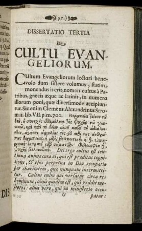 Dissertatio Tertia De Cultu Evangeliorum.