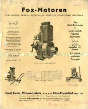 Fox-Motoren für Benzin, Benzol, Petroleum, Spiritus, Leuchtgas, Sauggas