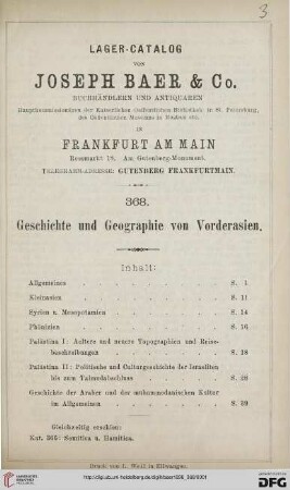 Nr. 368: Lagerkatalog / Josef Baer & Co., Frankfurt a.M.: Geschichte und Geographie von Vorderasien