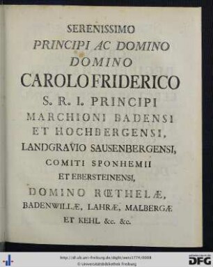 Serenissimo Principi Ac Domino Domino Carolo Friderico ...