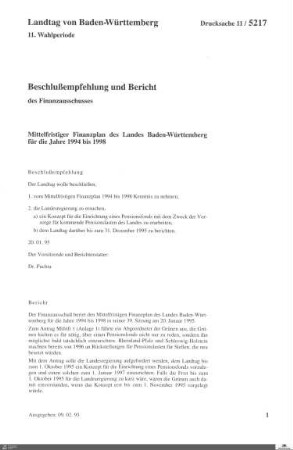 MIttelfristiger Finanzplan 1994-1998