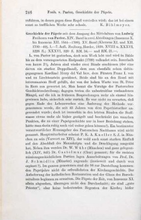 246-247 [Rezension] Pastor, Ludwig von, Geschichte der Päpste seit dem Ausgang des Mittelalters; XIV. und XV. Band