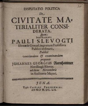 Disputatio Politica De Civitate Materialiter Considerata