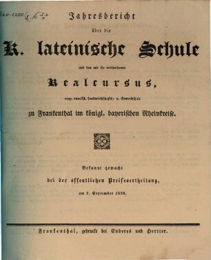 Jahresbericht über die Königliche Lateinschule zu Frankenthal in der Pfalz : im Studienjahre ... 1835(1836)
