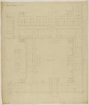 Waisenhaus, Hamburg. Wettbewerbsentwurf Kernkomplex. Grundriss Parterre. Rechte Hälfte mit Mittel- und Mädchentrakt, Teilgrundriss Keller