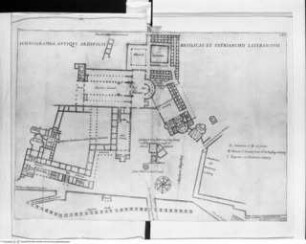 De Basilica et patriarchio lateranensi libri quattuor as Alexandrum VII. Pont Max., Auctore Cesare Raspono eiusdem Basilica CanonicoGrundriss der Palastanlage und San Giovanni in Laterano in ihrem Zustand vor der Restaurierung und den Umbauten - Liber quartus, tav. 7: Pianta della antica basilica et patriarcho Lateranensis