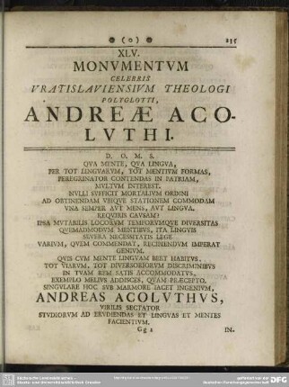 XLV. Monumentum Celebris Vratislaviensium Theologi Polyglotti, Andreae Acoluthi