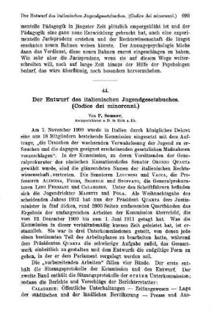 693-696, Der Entwurf des italienischen Jugendgesetzbuches. (Codice dei minorenni.)