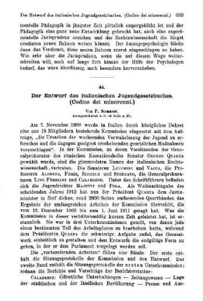 693-696, Der Entwurf des italienischen Jugendgesetzbuches. (Codice dei minorenni.)