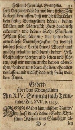Gebett/ über das Evangelium Am XIV. Sonntag nach Trinitatis/ ...