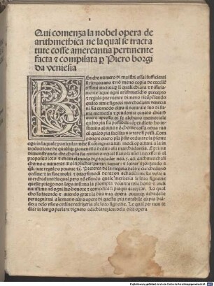 Aritmetica mercantile : mit Gedicht an den Leser 'Chi de arte matematiche ...' und auf den Drucker 'Quanto la tua memoria ...'