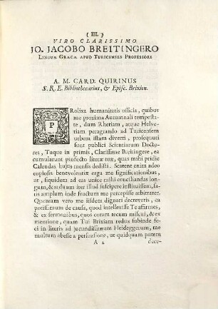 Ad Virum Clarissimum Joannem Jacobum Breitingerum Linguæ Græcæ Apud Turicenses Professorem Epistola